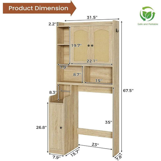 farmhouse style rattan bathroom storage cabinet with over-the-toilet organizer and barn door design - Loft&Timber