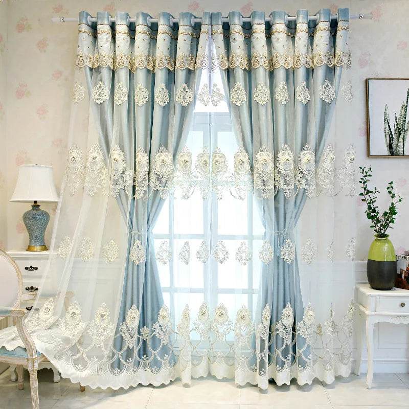 Elegant Double-Layer Curtains with Embossed Base & 3D Embroidered Detailing - Loft&Timber