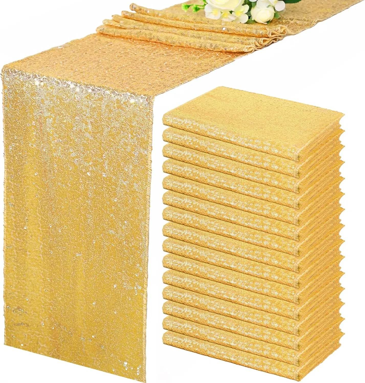 Gold Sequin Table Runners 12 x 72 inch, 16 Pack Glitter Fabrici - Loft&Timber