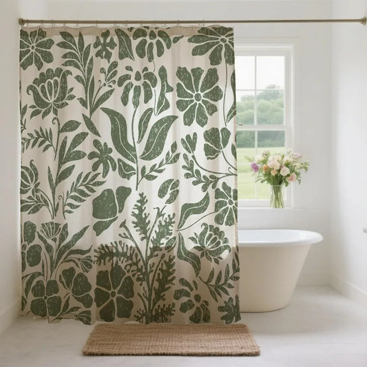 Vintage Floral Linen Shower Curtain Set in Beige and Green