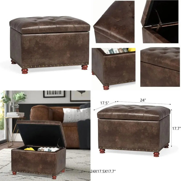24 Inch Rectangular Leather-Textured Ottoman with Storage for Living Room, Brown