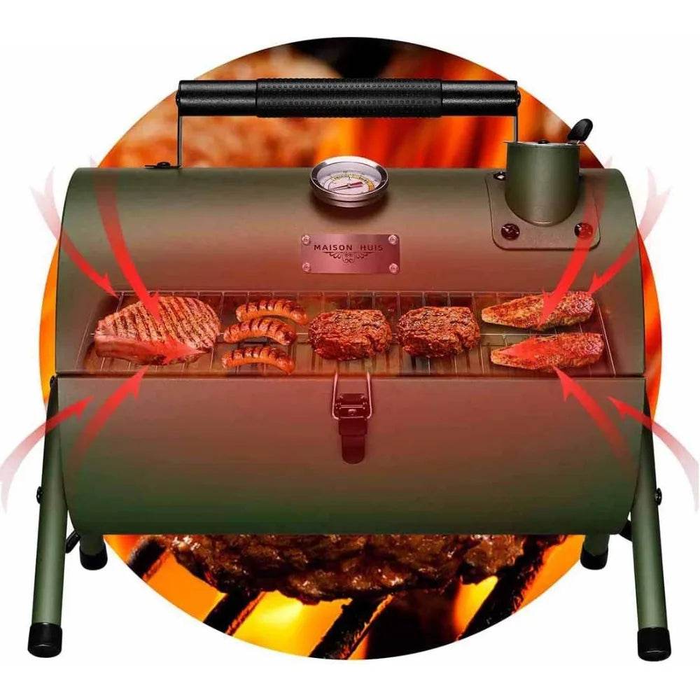 Portable Adjustable Charcoal Grill for Outdoor Hiking and Picnics - Multi-Functional Metal BBQ Smoker in Green - Loft&Timber