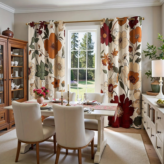 Floral Blackout Drapes Vintage Flower Patterned Curtains, 2 Panels Set with Grommet Beige