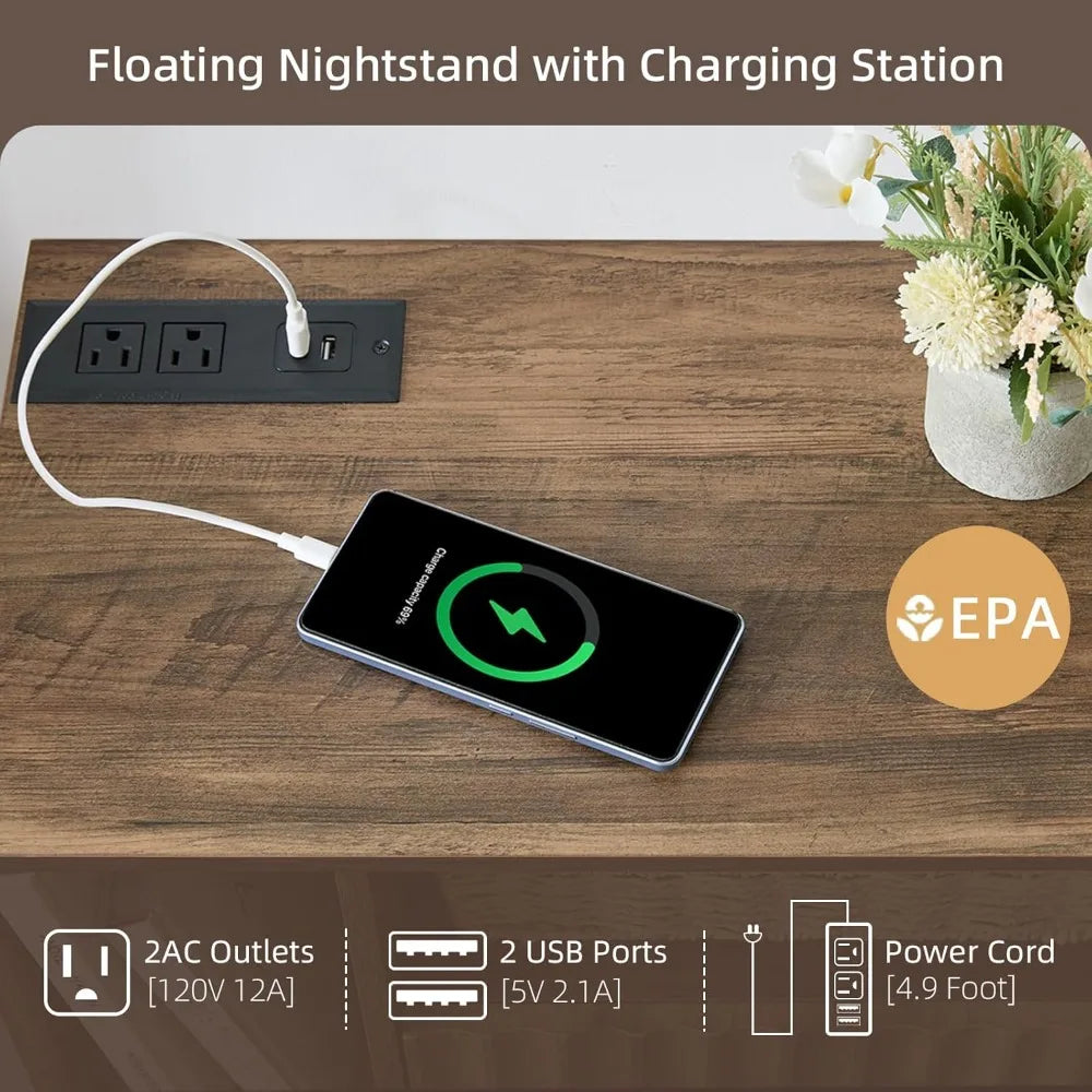 Floating Nightstand with Charging Station - Modern Rustic Brown Fluted Bedside Table with Drawer, USB Ports & Outlets (Set of 2)
