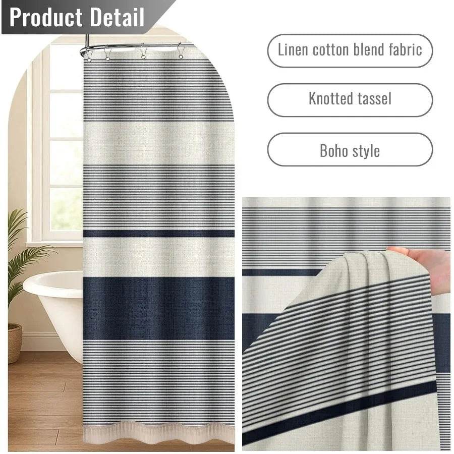 Boho Farmhouse Navy Blue Stripe Tassel Shower Curtain Set 72 x 72 Inches Bohemian Style - Loft&Timber