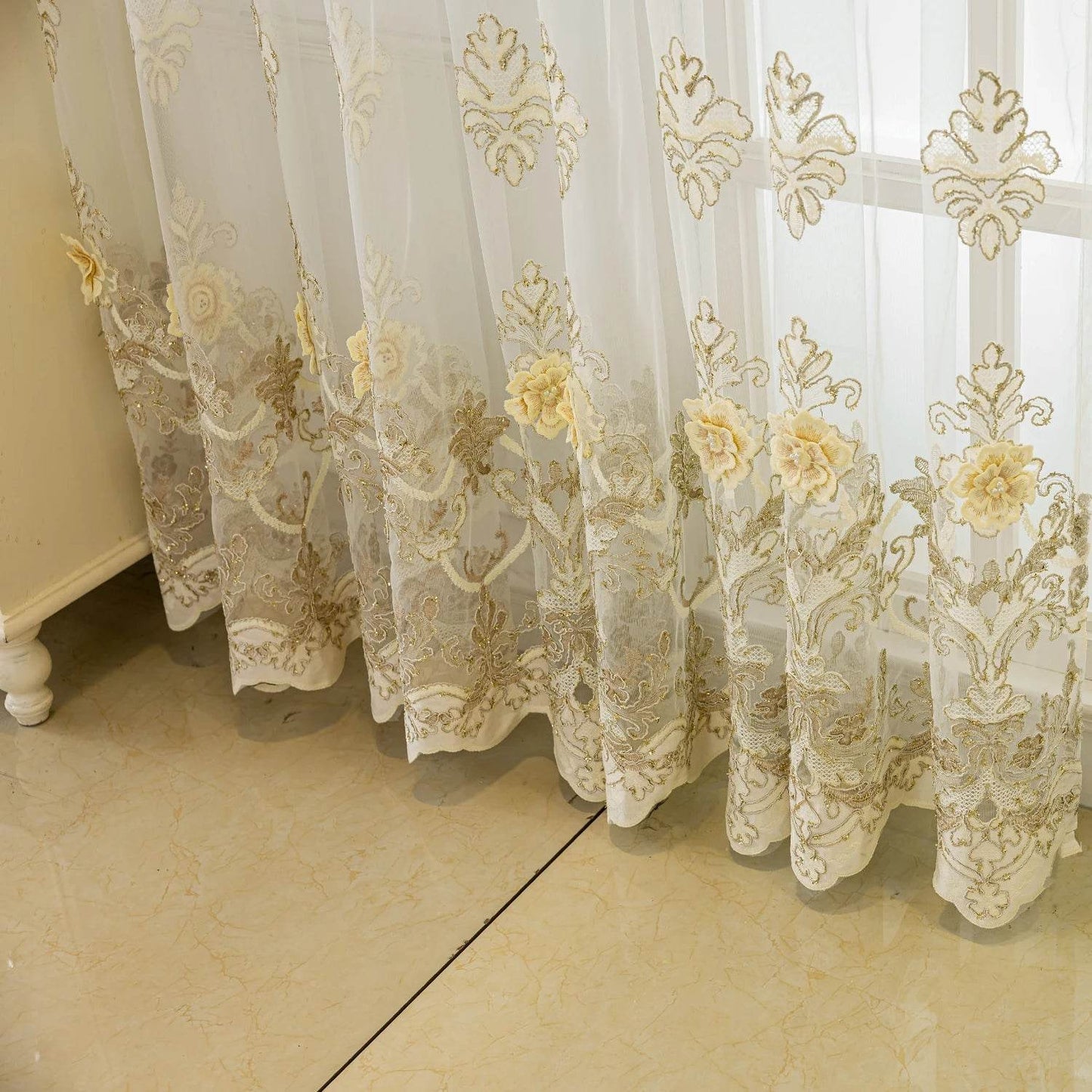 White gauze curtain, luxurious 3D embroidered gauze - Loft&Timber