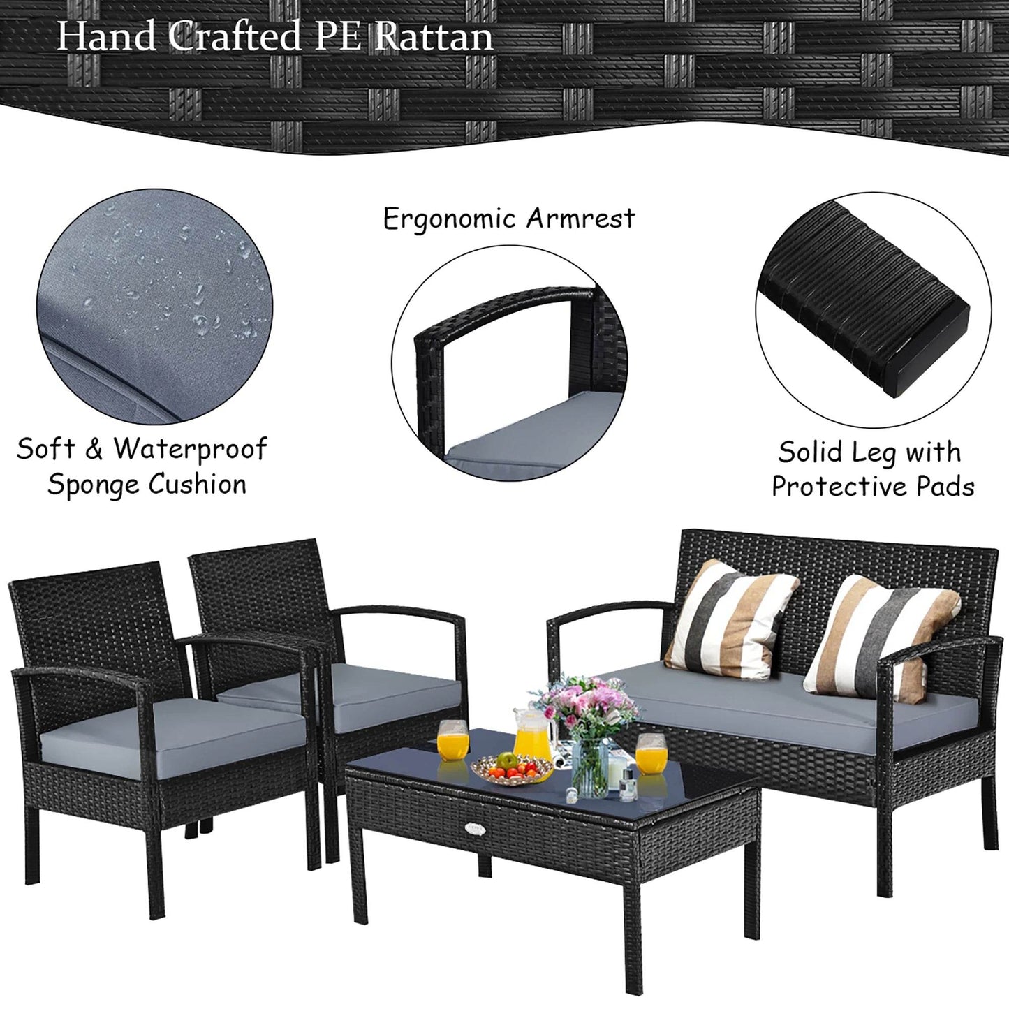 4 PCS Patio Rattan Furniture Set Garden Deck - Loft&Timber