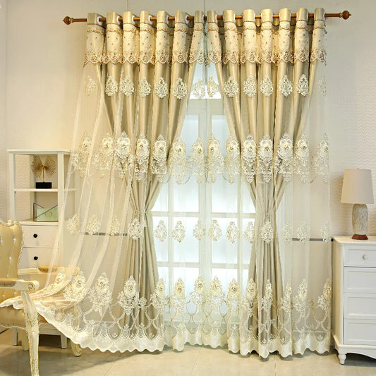 Elegant Double-Layer Curtains with Embossed Base & 3D Embroidered Detailing