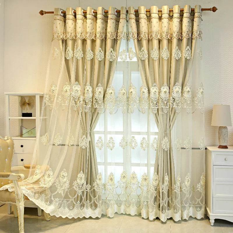 Elegant Double-Layer Curtains with Embossed Base & 3D Embroidered Detailing - Loft&Timber