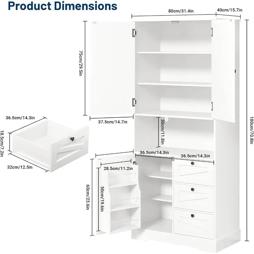 Farmhouse 71 Inch Kitchen Pantry Cabinet, Storage Cabinet with 3 Door Shelves and 3 Drawer, Versatile Storage for Kitchen, Dinin - Loft&Timber