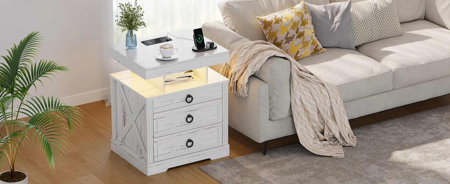 JDPAG Farmhouse Nightstand with Lockable Gun Drawer,3 Color Dimmable LED End Table with Charging Station,Bedside Table with Huma