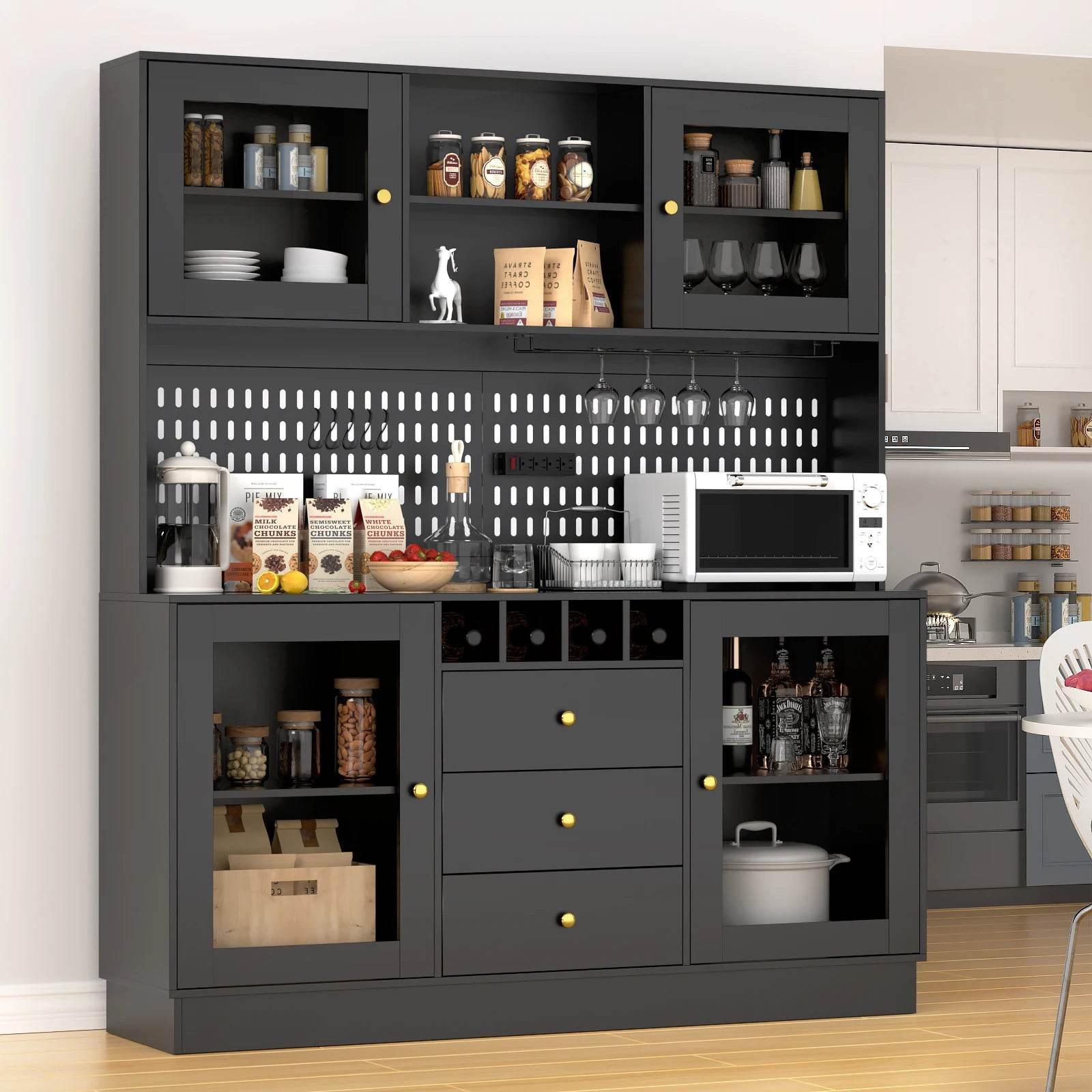 Pantry Cabinet, Kitchen Storage Cabinet, Freestanding Buffet Hutch with Pegboard, Cup Holder, Power Outlet, Black - Loft&Timber
