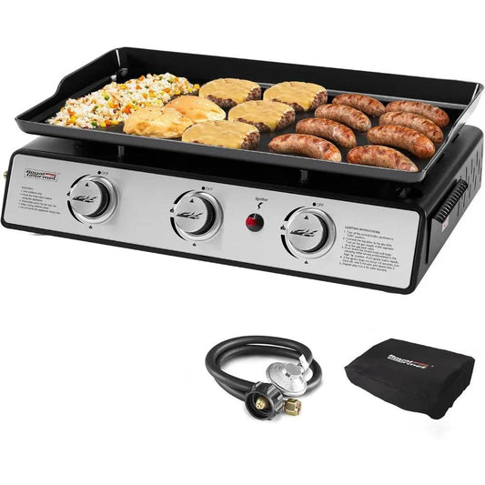 Portable 24-Inch 3-Burner Gas Grill with Griddle and Cover, 25,500 BTUs - Loft&Timber