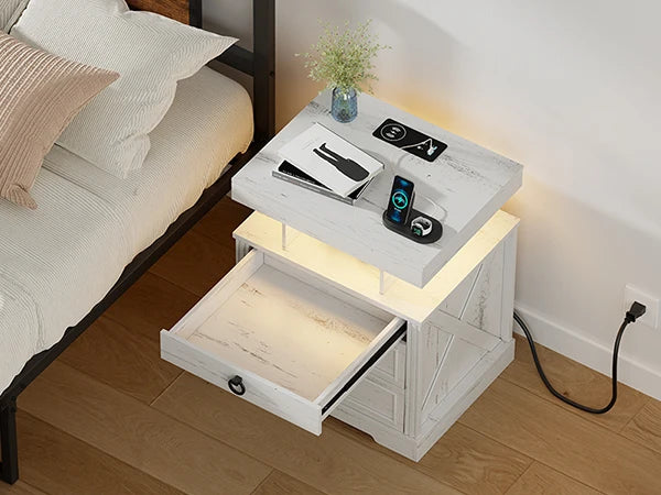 JDPAG Farmhouse Nightstand with Lockable Gun Drawer,3 Color Dimmable LED End Table with Charging Station,Bedside Table with Huma