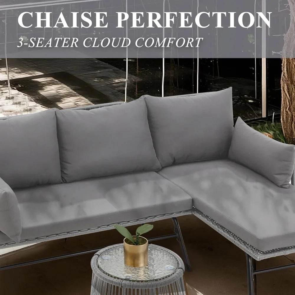 3-Piece Outdoor Patio Furniture Set, L-Shaped Rattan Sectional Sofa with Thick Cushions - Loft&Timber