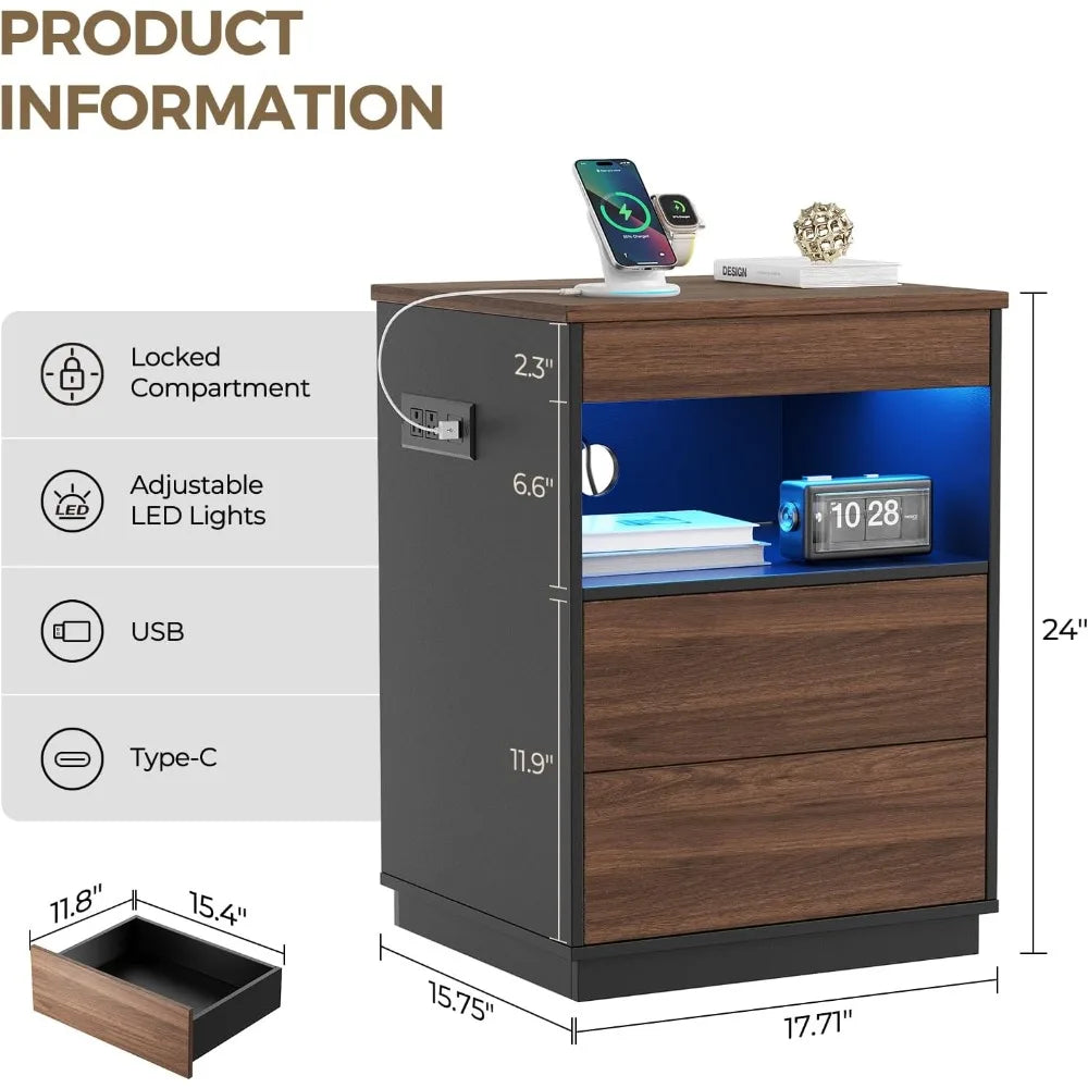"modern lockable nightstand with hidden compartment, usb/type-c charging port, and led lighting"