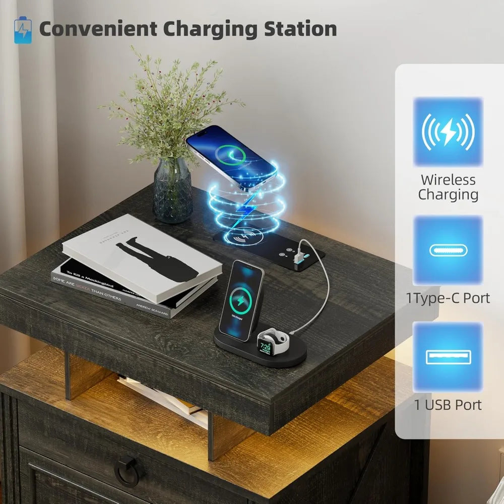 Nightstand with Gun Drawer, LED Bedside Table with Charging Station, Modern Night Stand with Human Sensor Design, Smart E