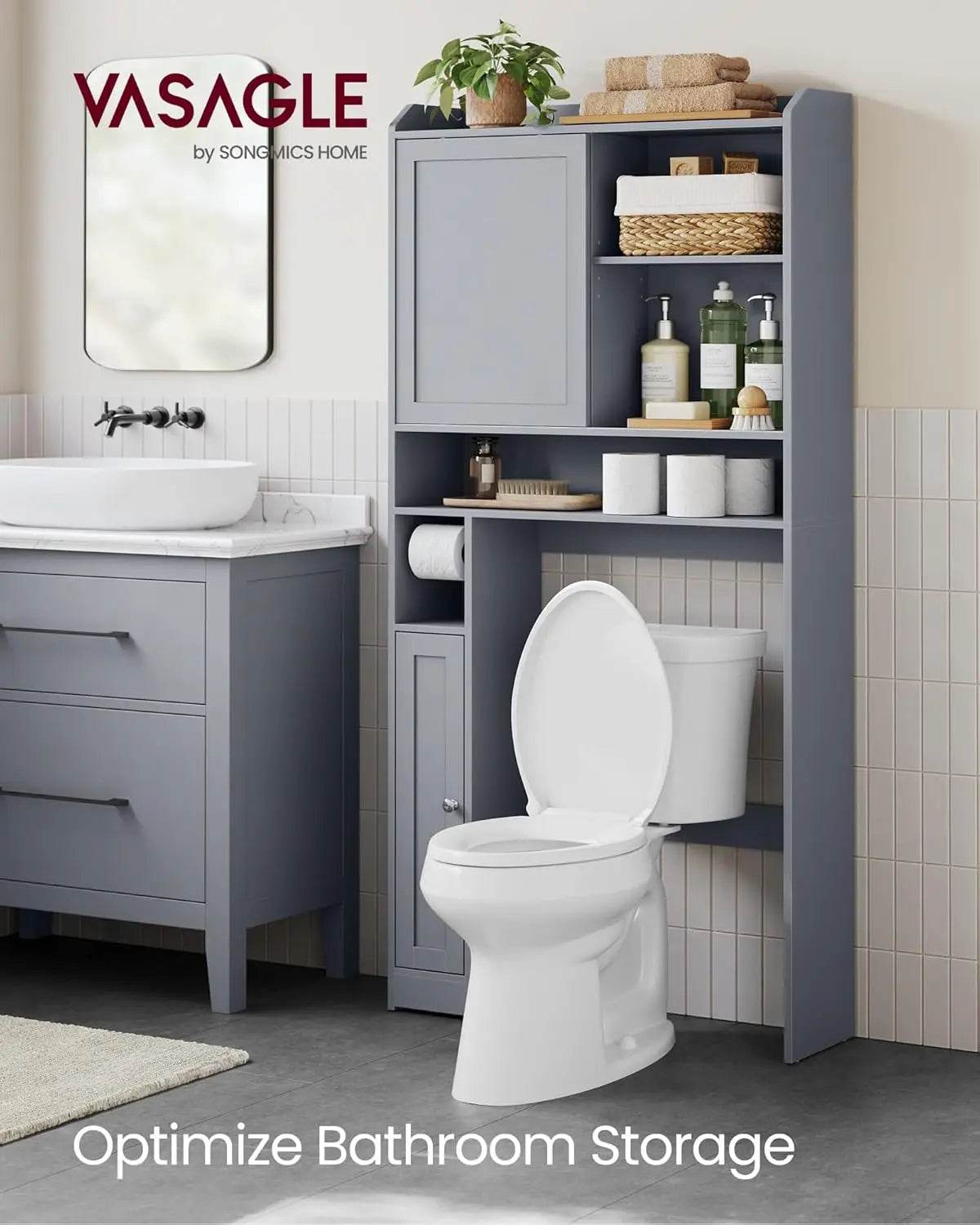 Over The Toilet Storage Shelf, Bathroom Storage Cabinet with Sliding Door, Adjustable Shelves, Toilet Paper Holder, Space-Saving - Loft&Timber