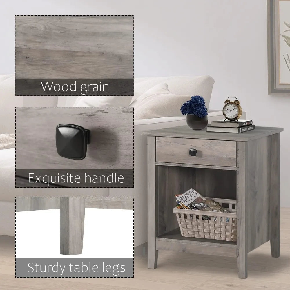 Nightstands - Set of 2 Wooden Night Stands, Bedside Tables, with Drawers, Farmhouse Style Bedroom Furniture (Grey Wood Grain, 1