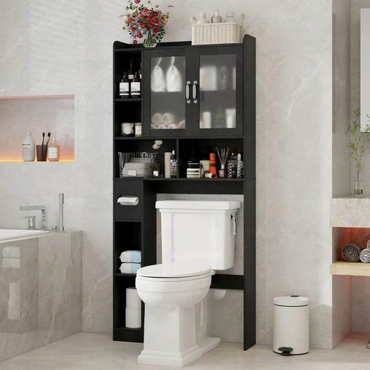 Freestanding toilet-top storage cabinet with adjustable shelves and anti-tip feature, arched design - Loft&Timber