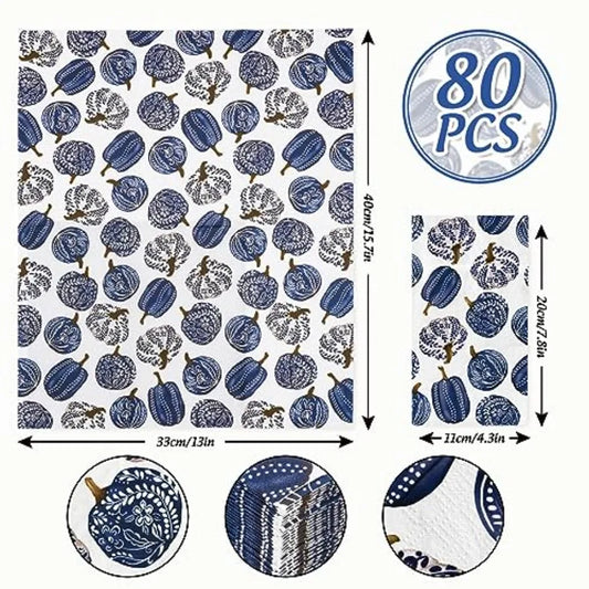 80 Pack Porcelain Pumpkins Guest napkins Disposable Blue Botanical Leaves