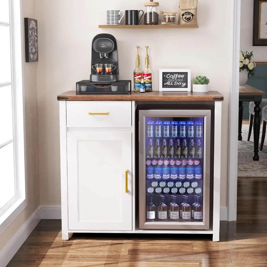 Compact Coffee Bar with Integrated Mini Fridge Cabinet Stand 39.4 Wide X 20.9 Dept