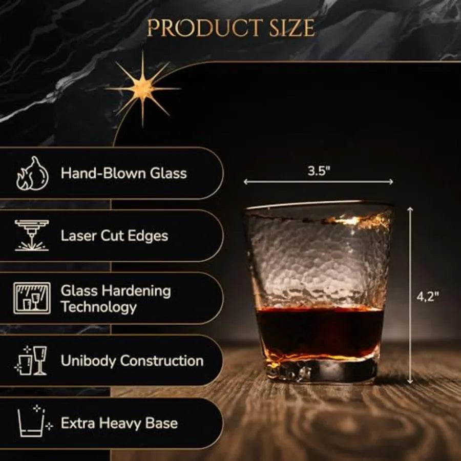 Stylish Whiskey Glasses Set of 4 10 oz Gold Rimmed Hammered Lowball Glasses - Loft&Timber