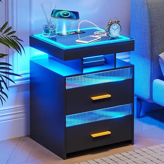 RGB LED Night Stand with Wireless Charging Station, Modern Bedside Table with Human Body Sensor Light, Smart Nightstand with Gl