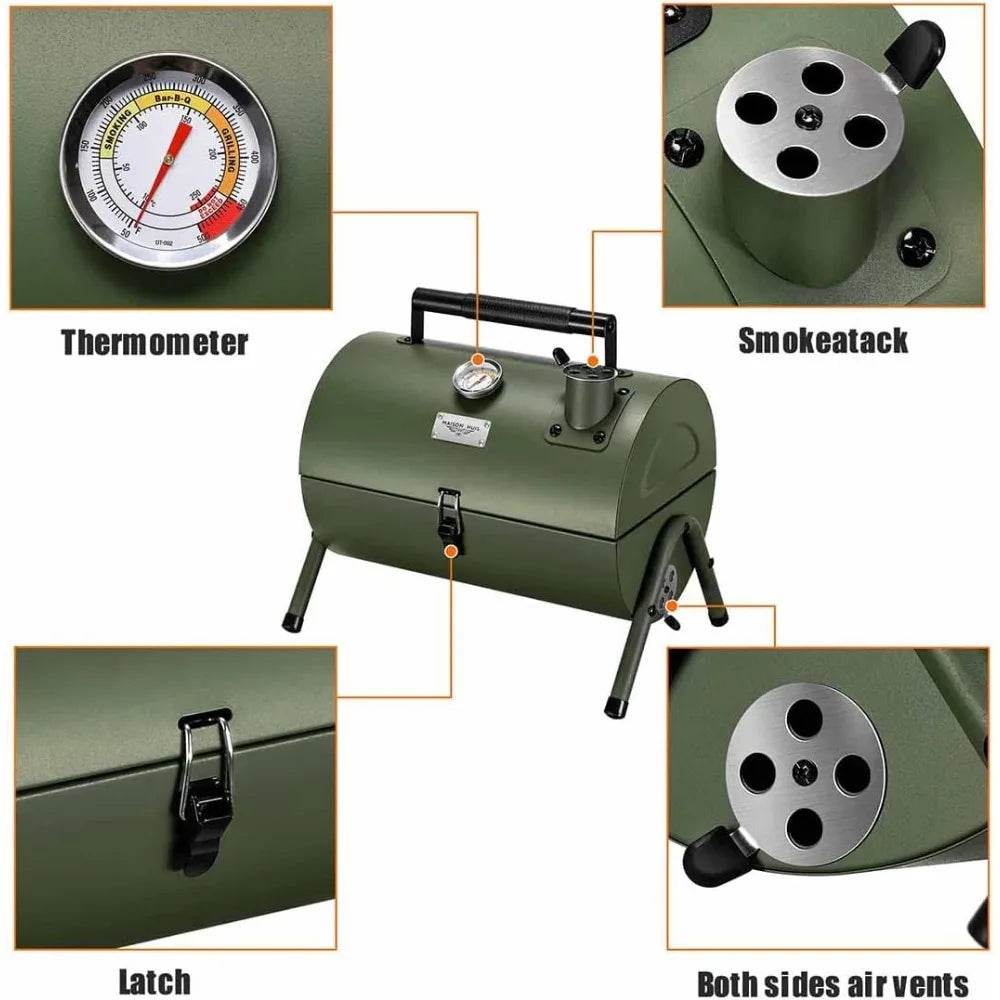 Portable Adjustable Charcoal Grill for Outdoor Hiking and Picnics - Multi-Functional Metal BBQ Smoker in Green - Loft&Timber