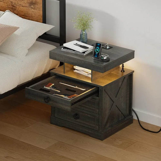 Nightstand with Gun Drawer, LED Bedside Table with Charging Station - Loft&Timber