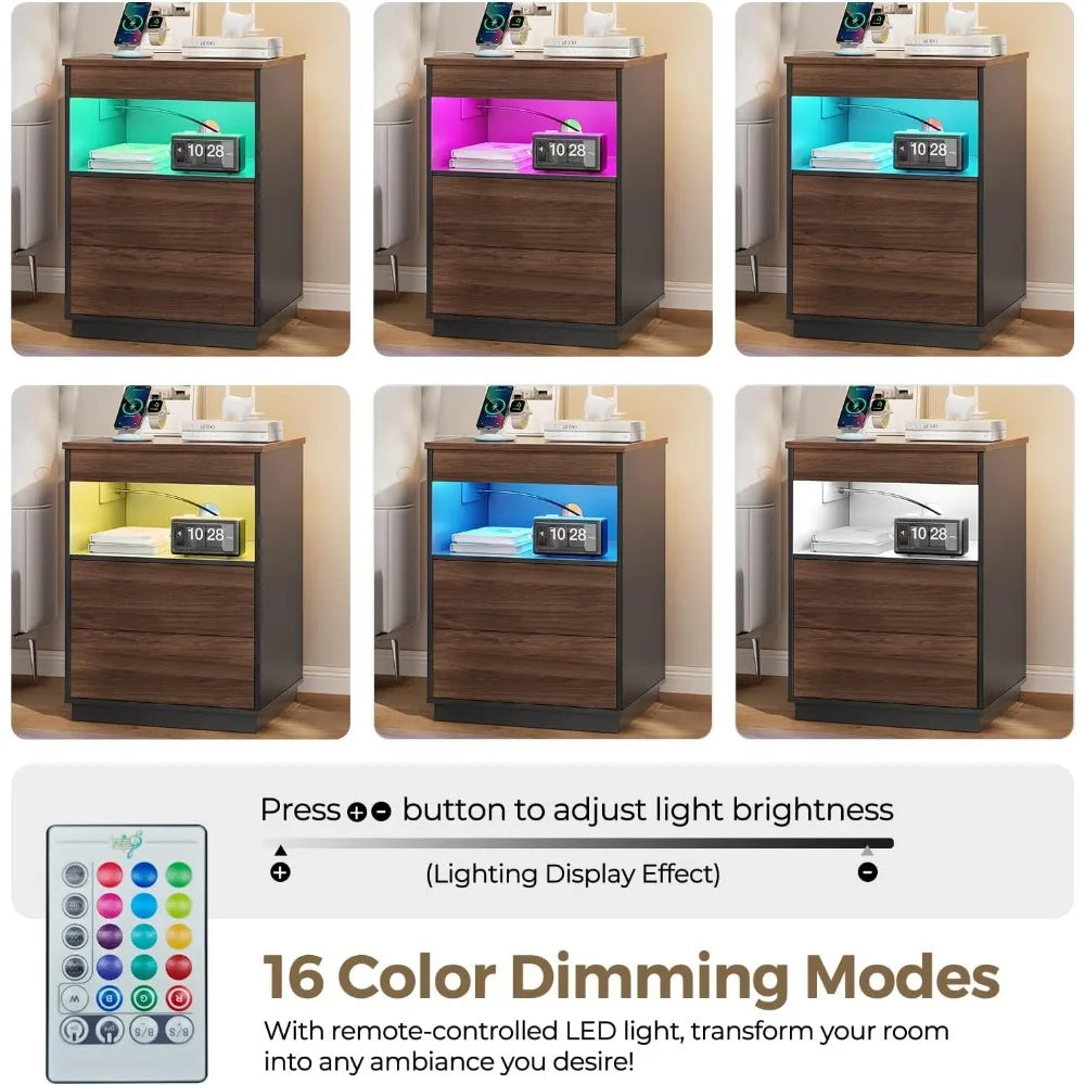 "modern lockable nightstand with hidden compartment, usb/type-c charging port, and led lighting"