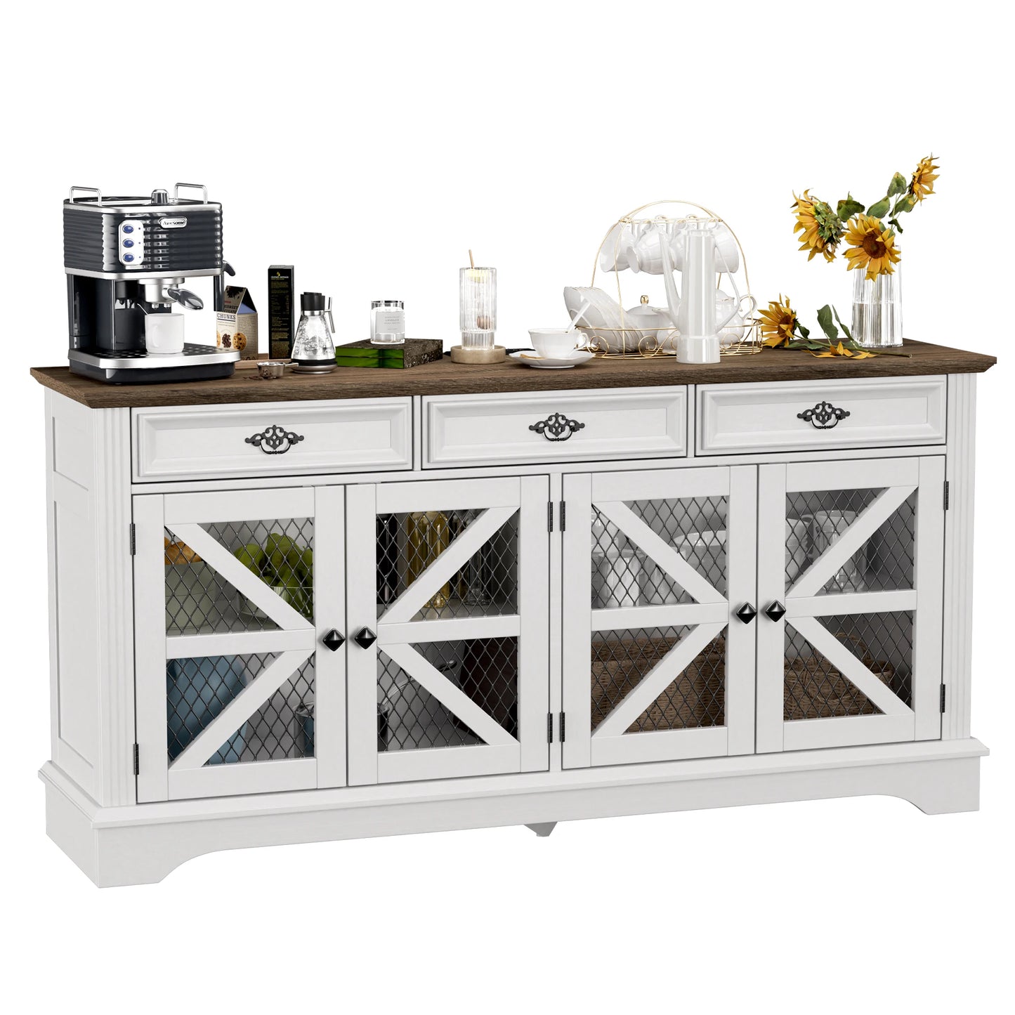 ZBOM 63" Farmhouse Buffet Sideboard Cabinet with 3 Drawers and Charging Station - Loft&Timber