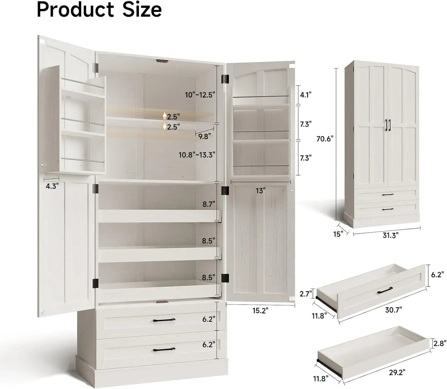 71" Tall Farmhouse Kitchen Pantry Cabinet with 3 Pull Out Shelves & 2 Large Drawers - Loft&Timber
