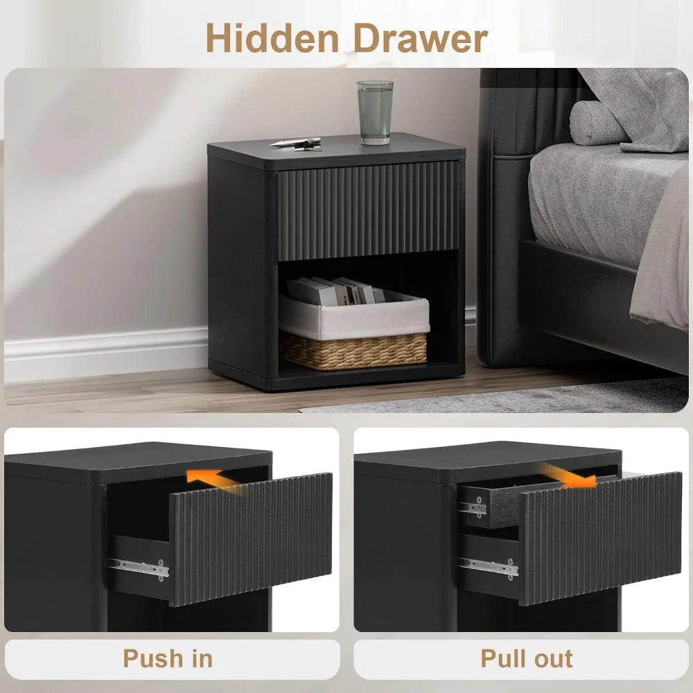 22.8" W Black Nightstand Set of 2 with Hidden Drawers and Open Shelves, Mid Century Modern Nightstand Curved Profile, Lar