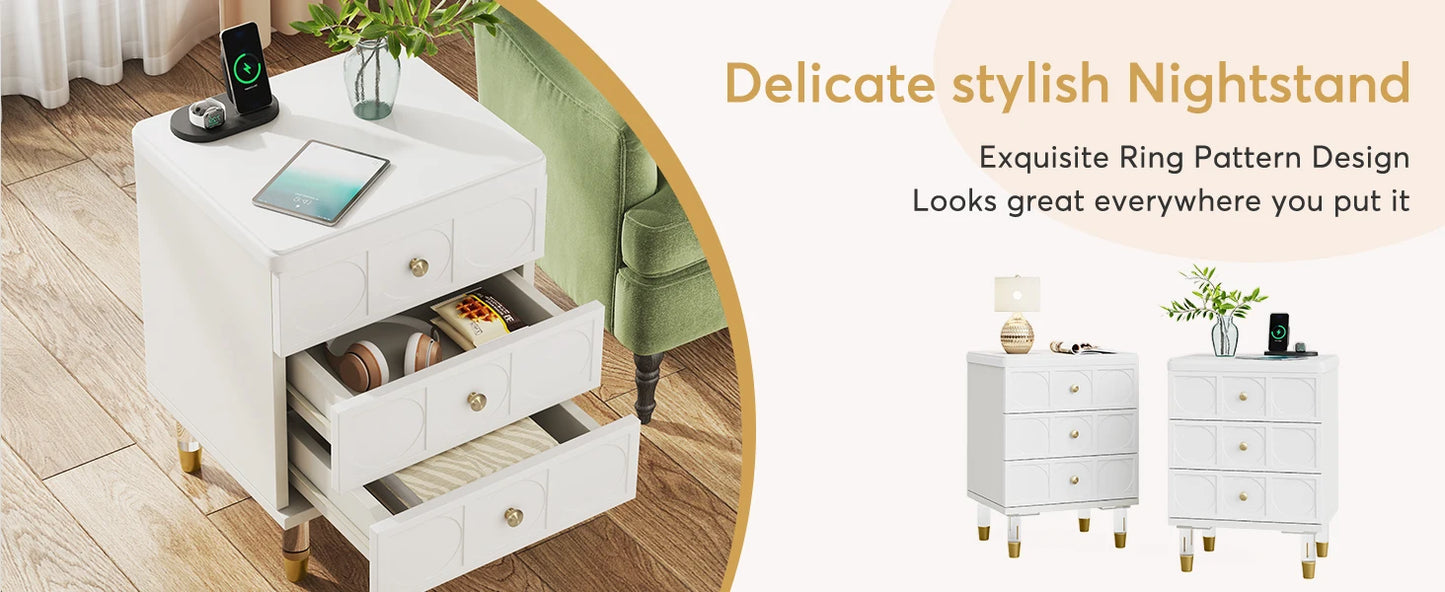 Tribesigns 3-Drawer Nightstand Tall White and Gold Bedside Table with Drawers, Versatile Modern White Night Stand with Storage