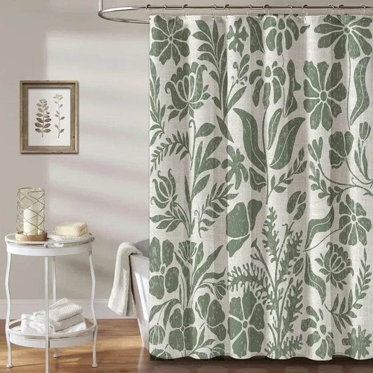 Vintage Floral Linen Shower Curtain Set in Beige and Green - Loft&Timber