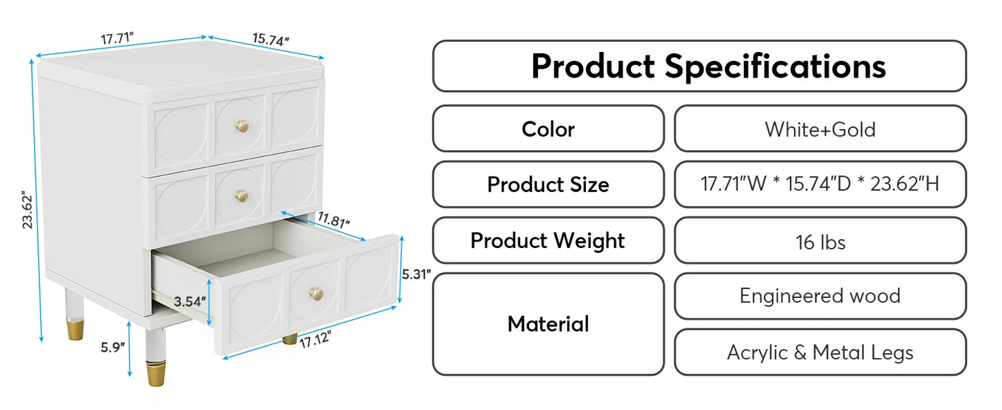 Tribesigns 3-Drawer Nightstand Tall White and Gold Bedside Table with Drawers, Versatile Modern White Night Stand with Storage
