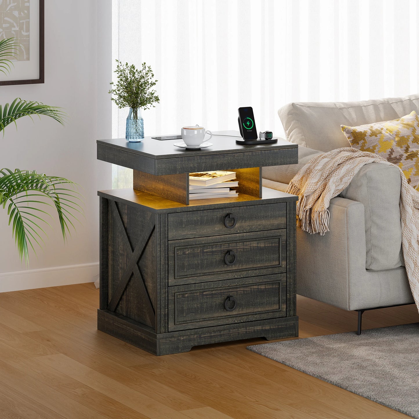 JDPAG Farmhouse Nightstand with Lockable Gun Drawer,3 Color Dimmable LED End Table with Charging Station,Bedside Table with Huma