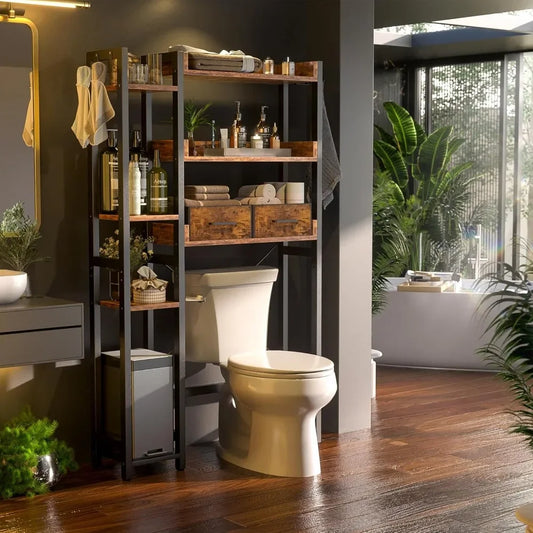 Freestanding 7-Tier Bathroom Organizer with 2 Drawers and Adjustable Shelf for Over-the-Toilet Storage