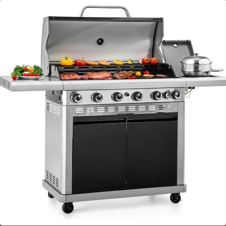 6-Burner Propane BBQ Grill, Porcelain Cast Iron Grates & Side Burner, Black - Loft&Timber