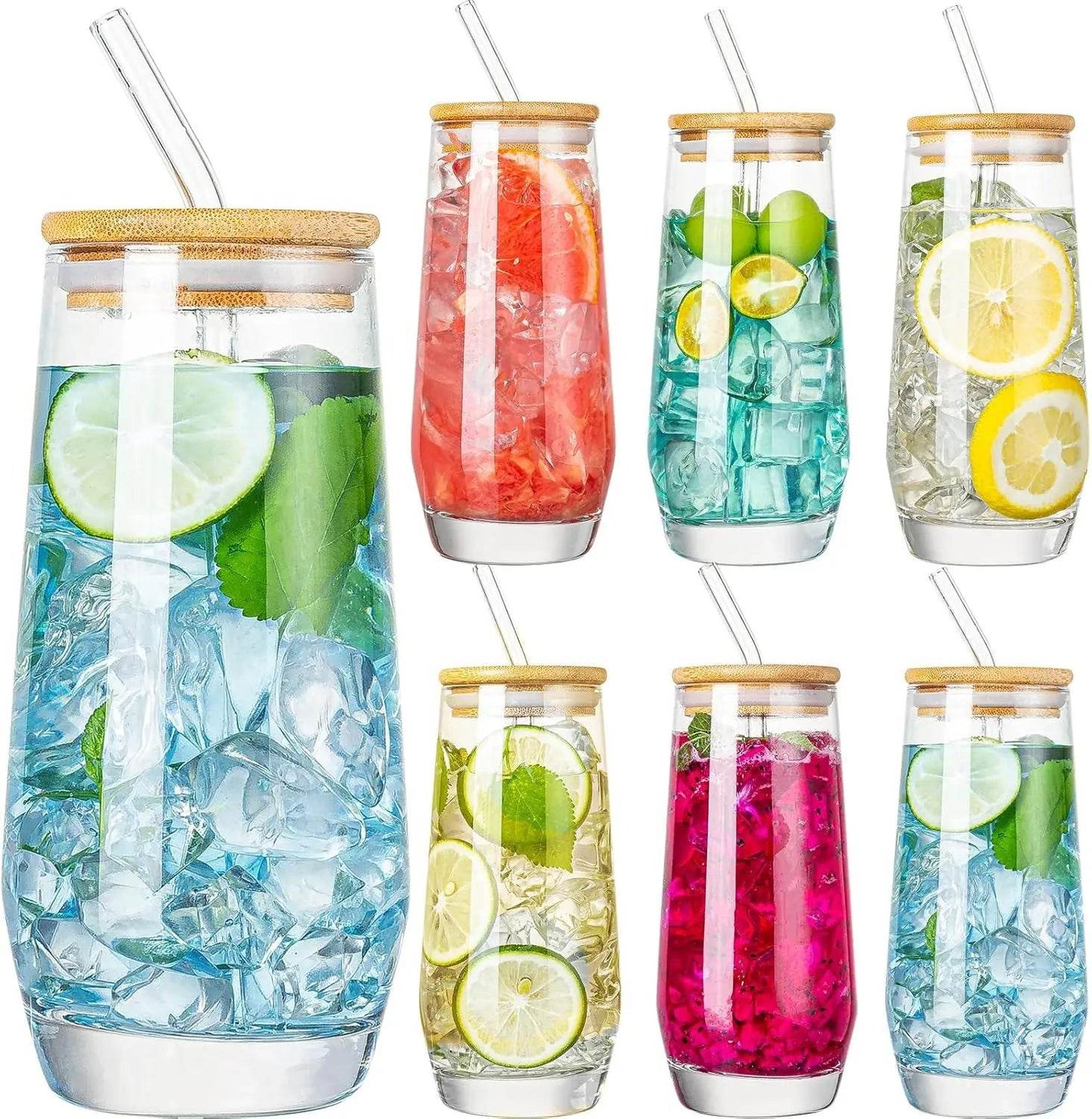 Drinking Glasses, Crystal Highball Glasses Set of 6 with Straws and Bamboo Lids - Loft&Timber
