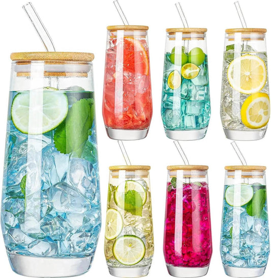 Drinking Glasses, Crystal Highball Glasses Set of 6 with Straws and Bamboo Lids - Loft&Timber