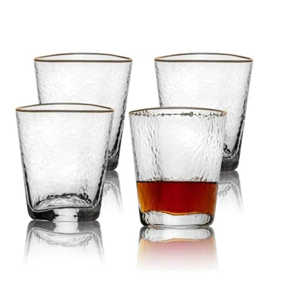 Stylish Whiskey Glasses Set of 4 10 oz Gold Rimmed Hammered Lowball Glasses - Loft&Timber