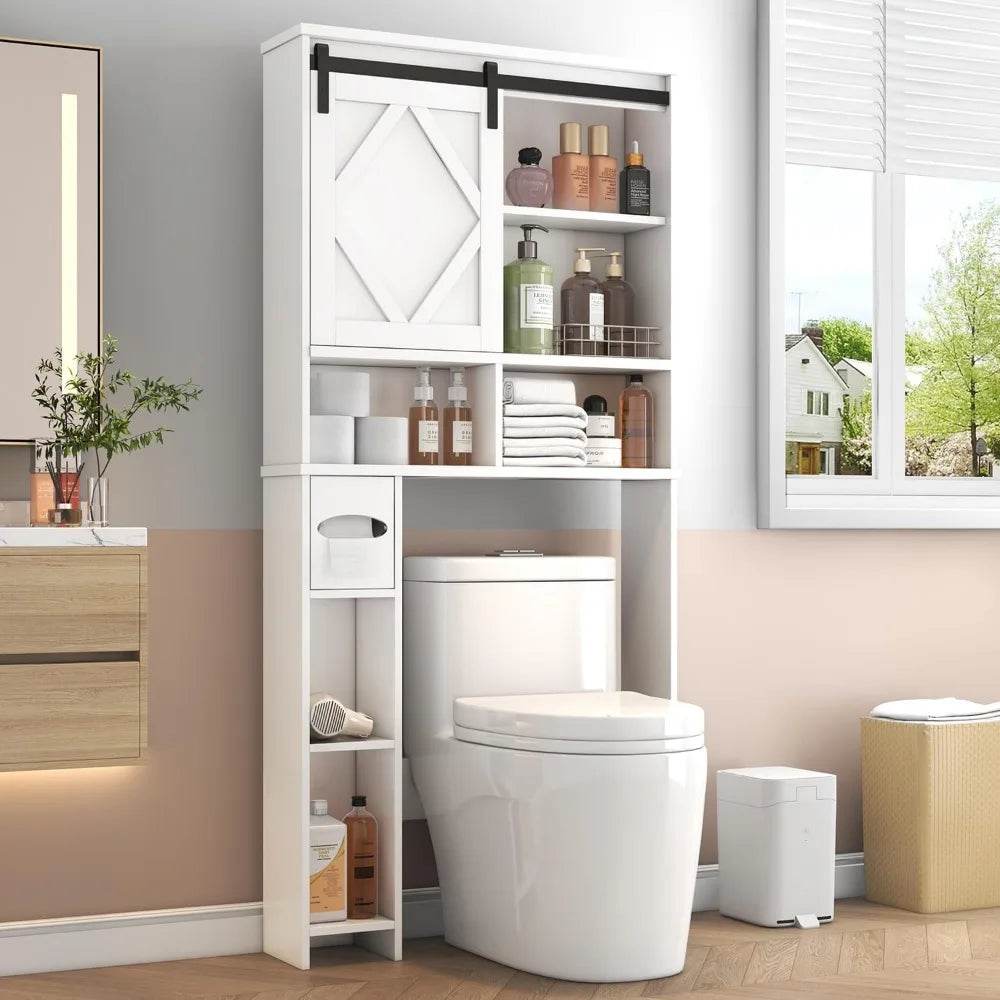 farmhouse style toilet storage cabinet with sliding barn door and integrated toilet paper stand organizer - Loft&Timber