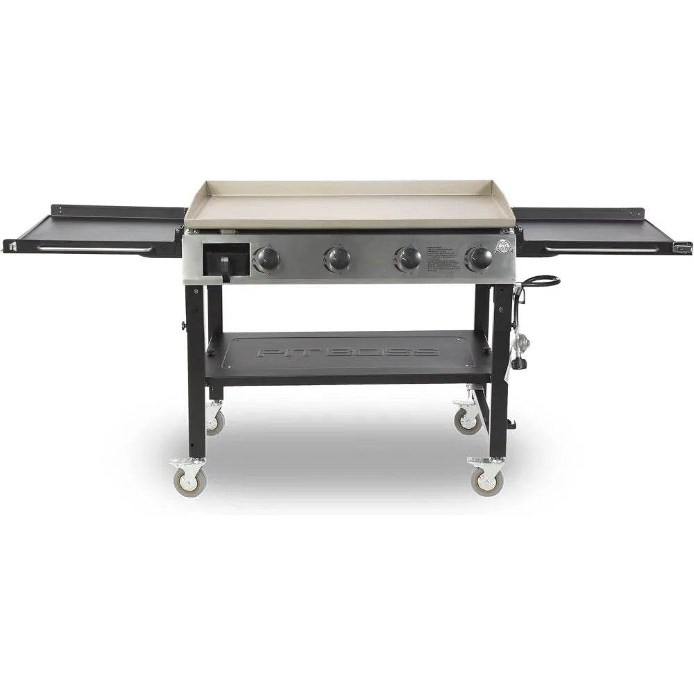 Four Burner Liquid Propane Gas Grill with Foldable Side Shelves, 36-Inch Flat Top Griddle, Fitted Cover, Deluxe Black - Loft&Timber
