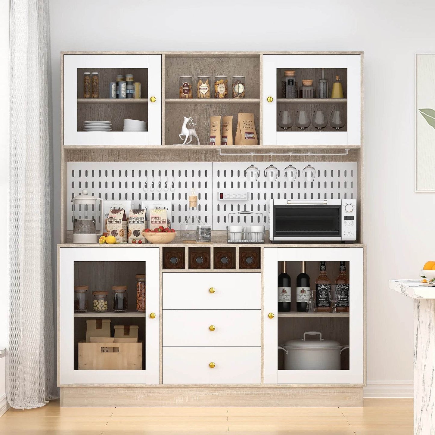 Pantry Cabinet, Kitchen Storage Cabinet, Freestanding Buffet Hutch with Pegboard, Cup Holder, Power Outlet, Black - Loft&Timber