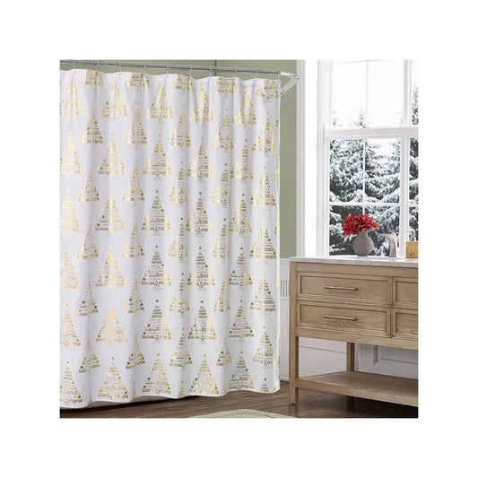 White Holiday Shower Curtain with Gold Foil Print
