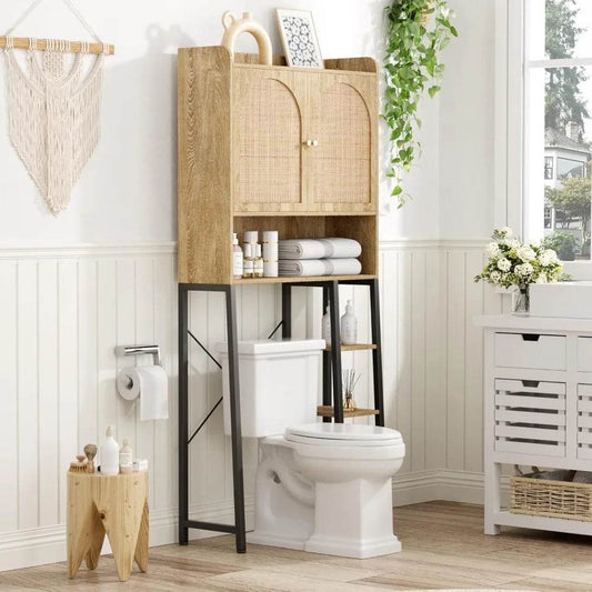 adjustable shelf rattan toilet storage cabinet with ample space and bathroom organizer - Loft&Timber