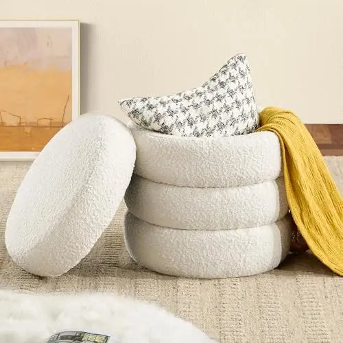Round Ottoman with Storage, White Modern Foot Stool for Living Room, Dorm, Home Decor