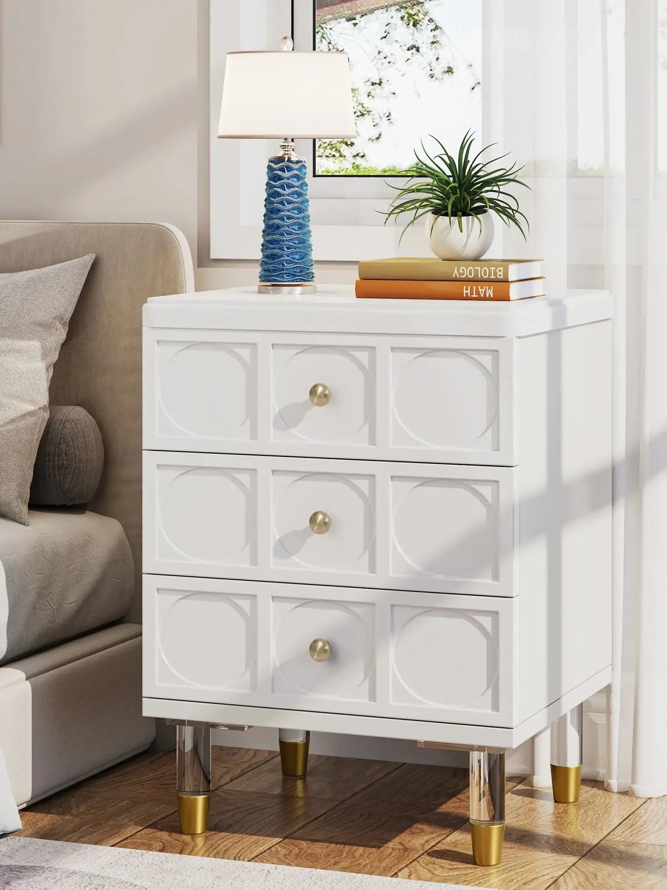 Tribesigns 3-Drawer Nightstand Tall White and Gold Bedside Table with Drawers, Versatile Modern White Night Stand with Storage